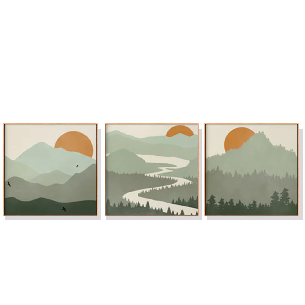 Sun Traversing The Mountains Set Of 3 Wood Framed Canvas 50cmx50cm