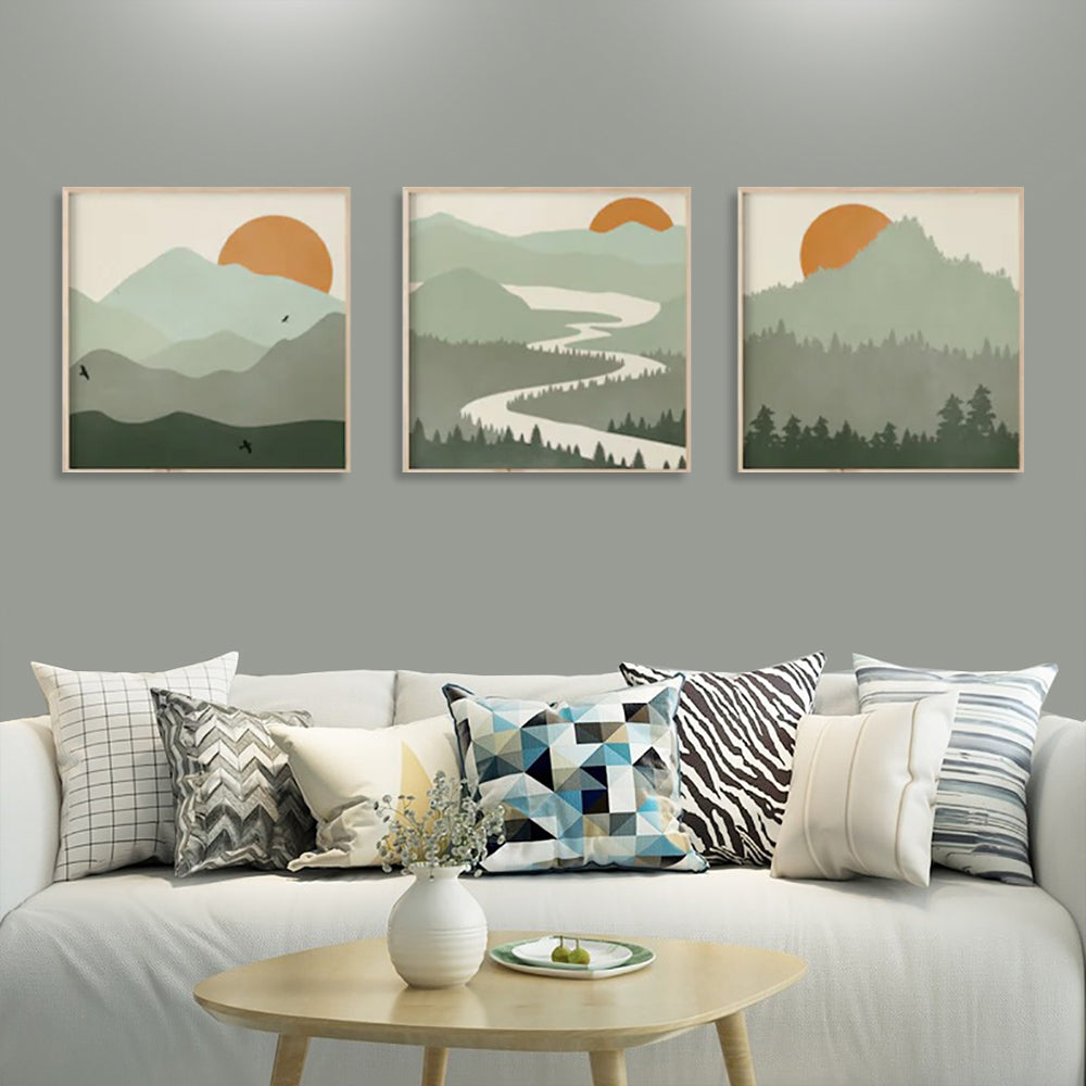 Sun Traversing The Mountains Set Of 3 Wood Framed Canvas 50cmx50cm