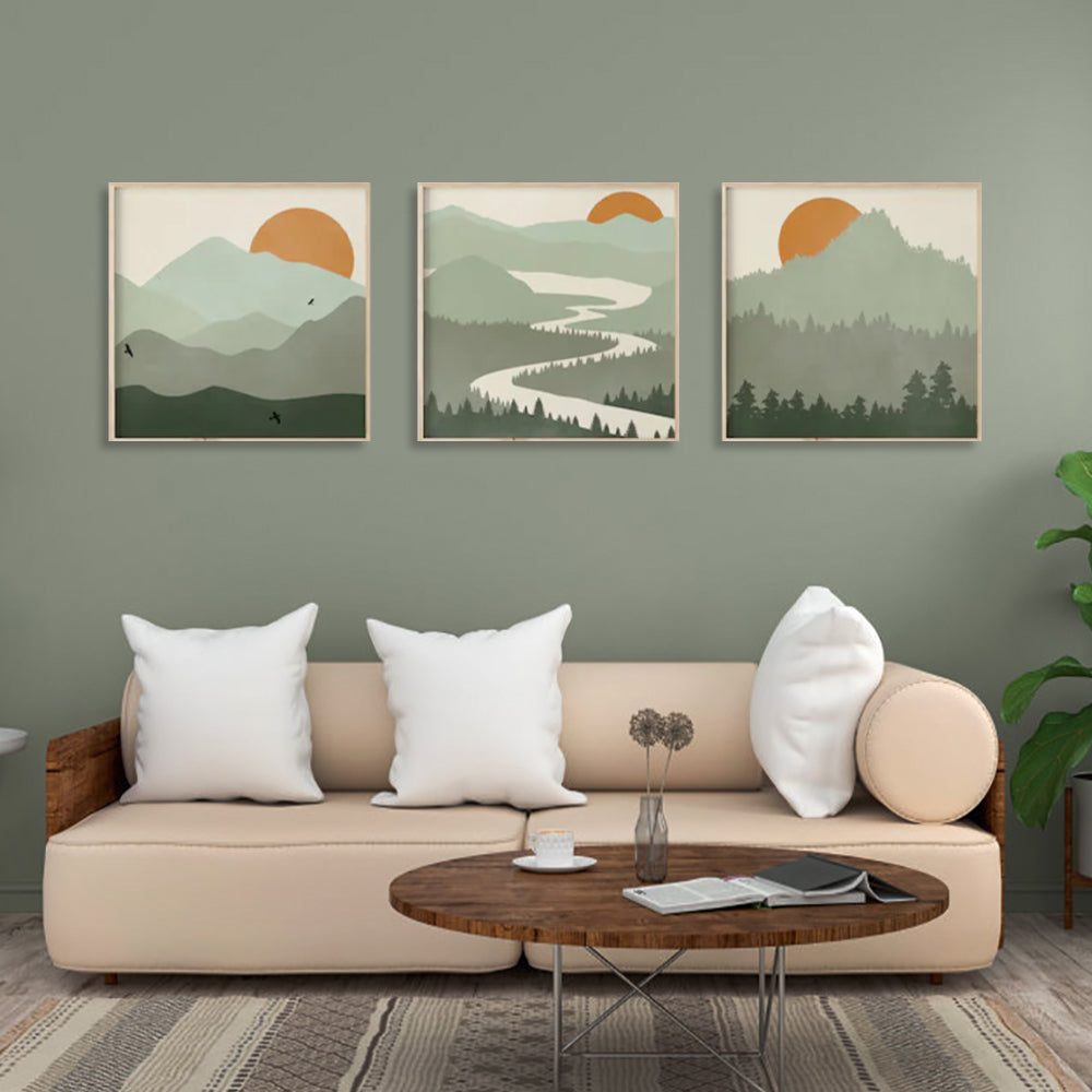 Sun Traversing The Mountains Set Of 3 Wood Framed Canvas 70cmx70cm