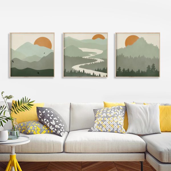 Sun Traversing The Mountains Set Of 3 Wood Framed Canvas 70cmx70cm