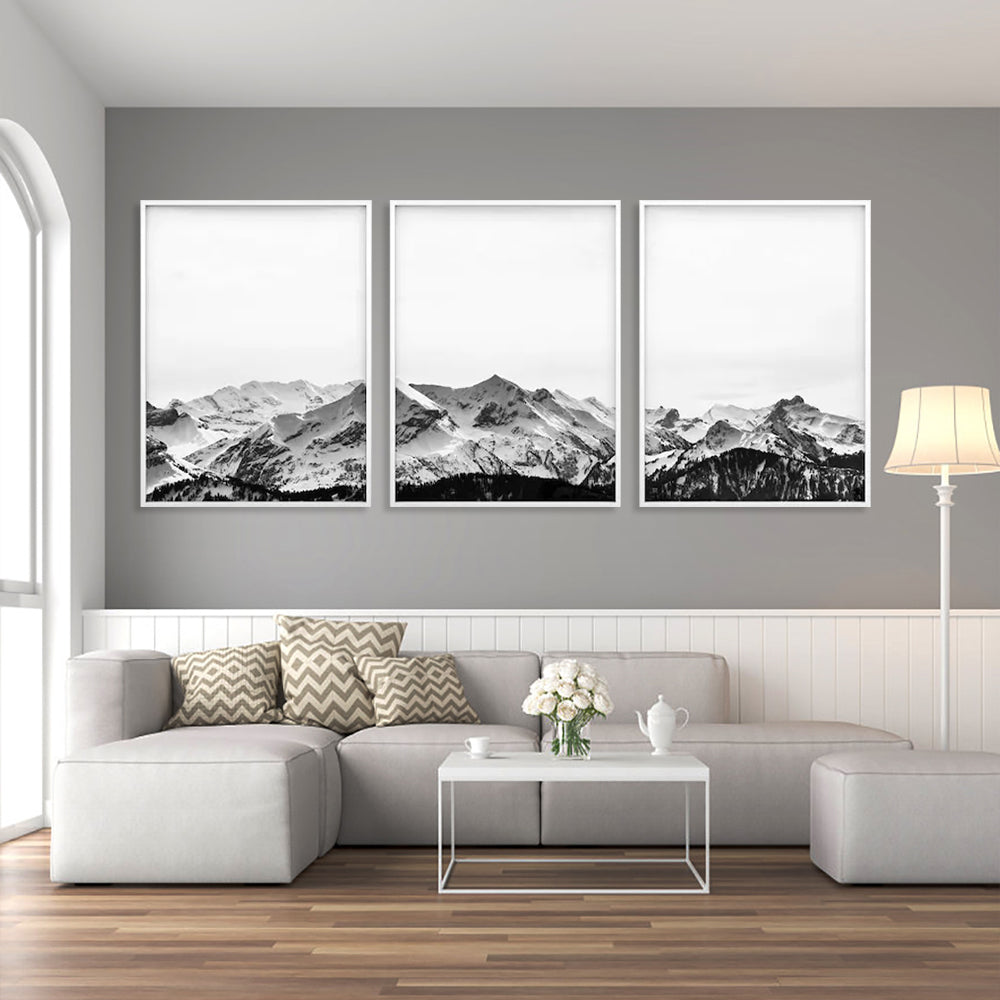 Winter Peaks Set Of 3 White Framed Canvas 40cmx60cm