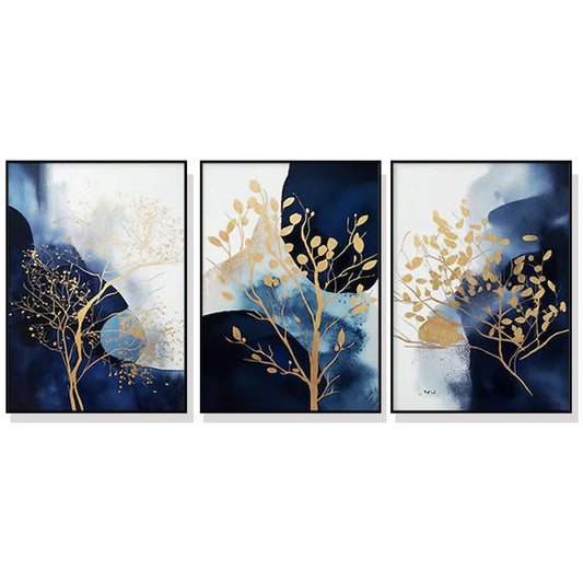 Golden Trees In The Depths Of Night Set Of 3 Black Framed Canvas 70cmx100cm