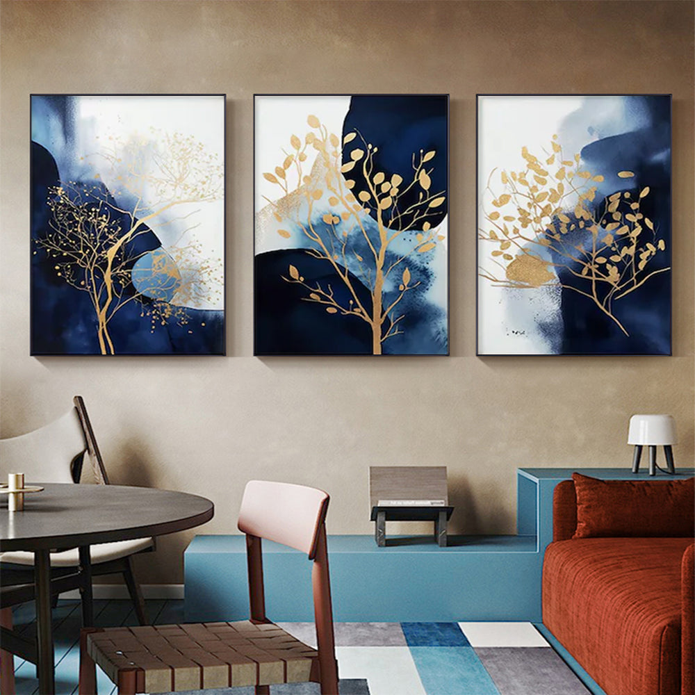 Golden Trees In The Depths Of Night Set Of 3 Black Framed Canvas 70cmx100cm