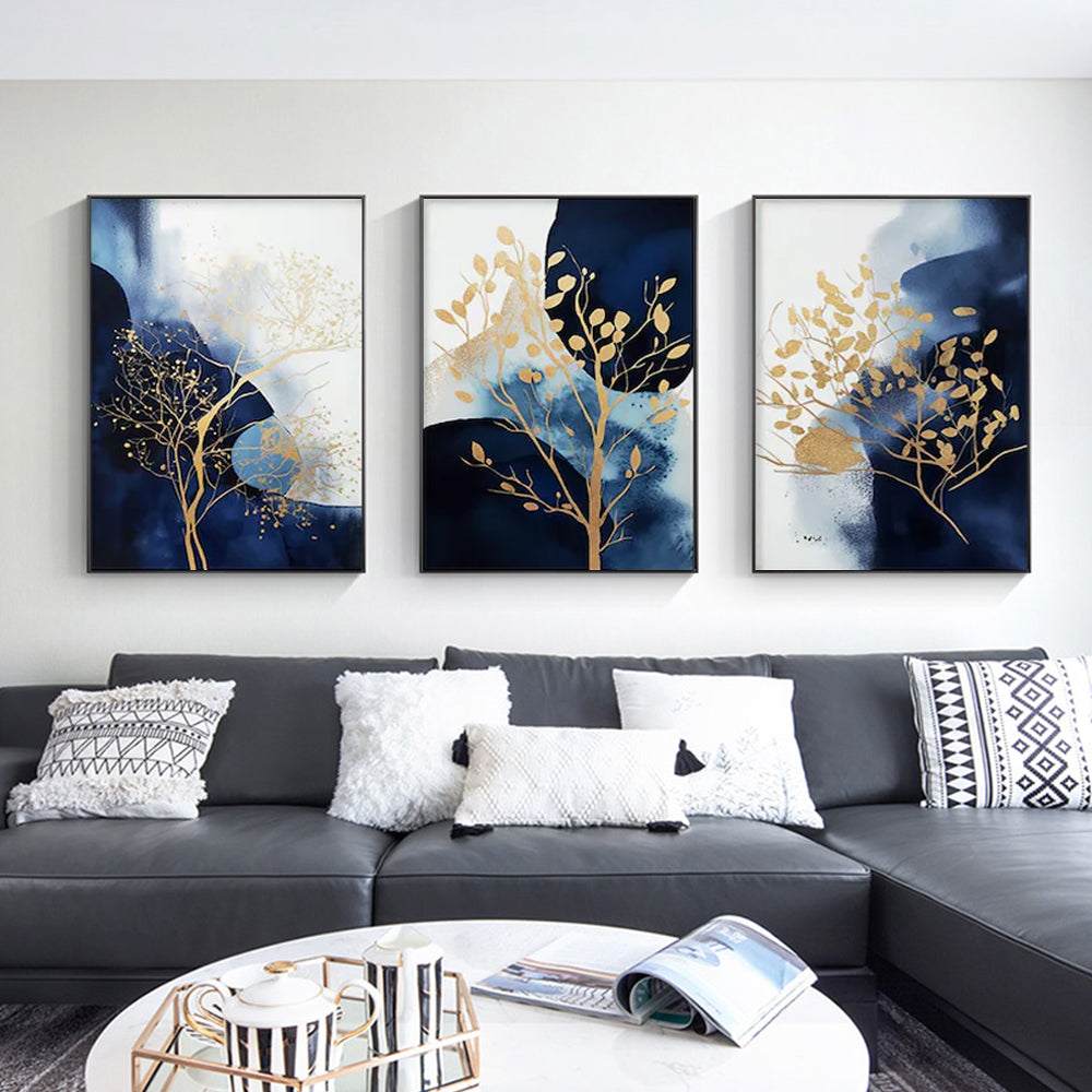 Golden Trees In The Depths Of Night Set Of 3 Black Framed Canvas 70cmx100cm