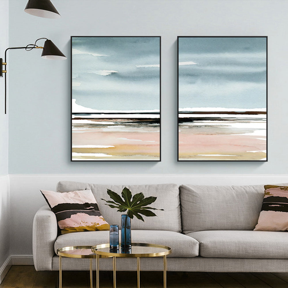 Hazy Ocean Vista Set Of 2 Black Framed Canvas 90cmx135cm