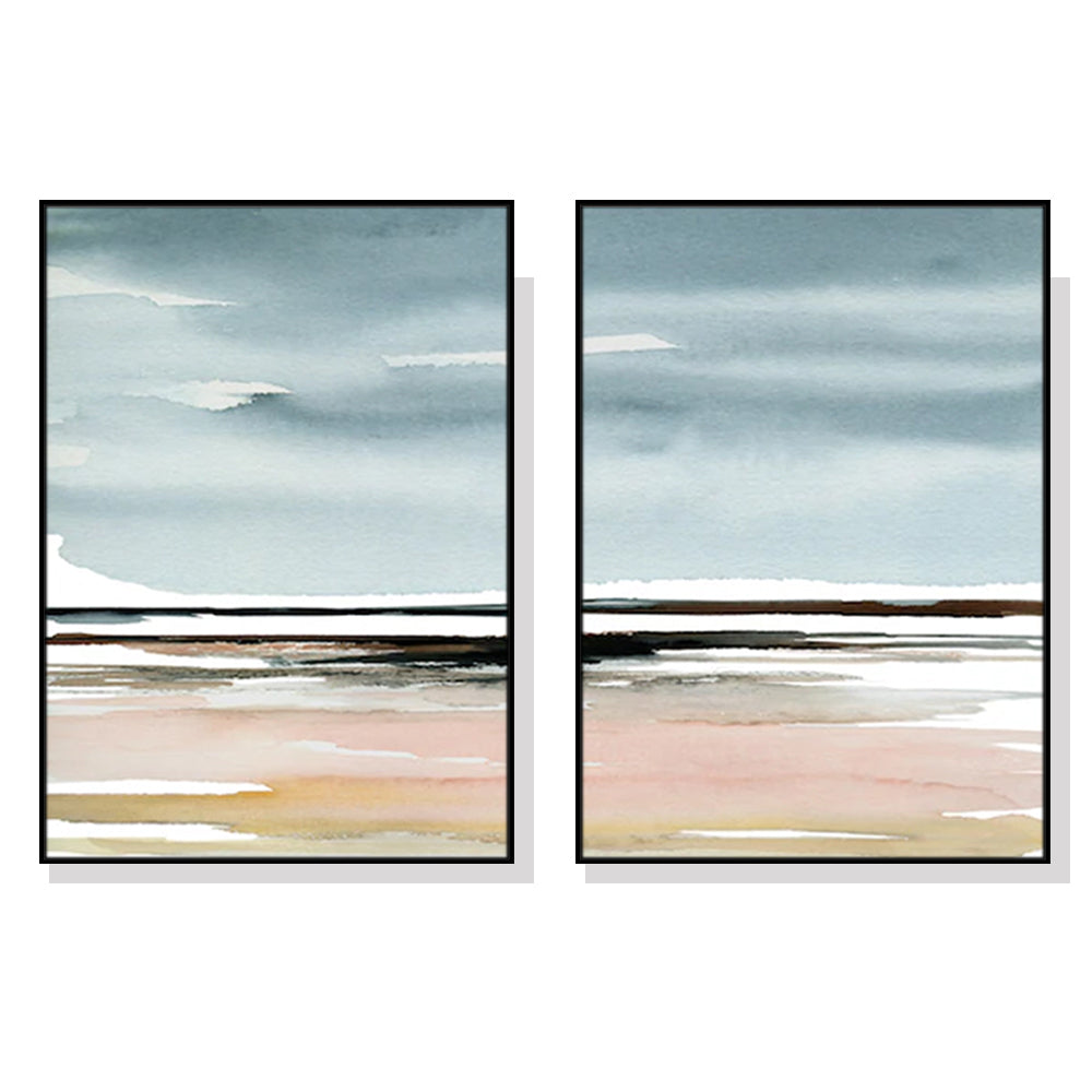 Hazy Ocean Vista Set Of 2 Black Framed Canvas 100cmx150cm