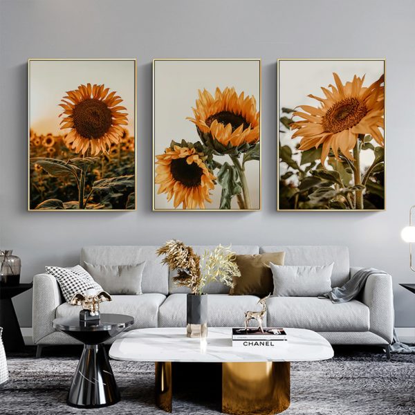 'Helios Annus' Set Of 3 Gold Framed Canvas 50cmx70cm