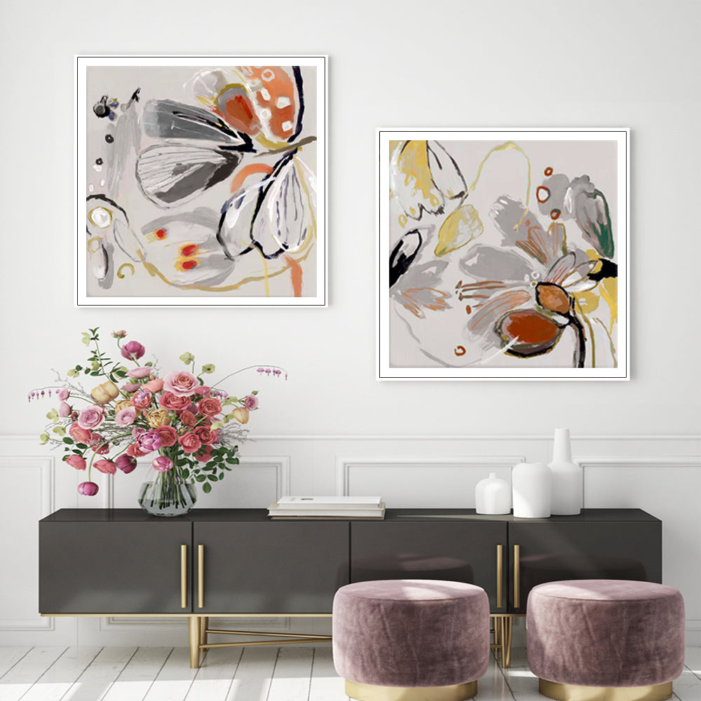 Butterflowers Set Of 2 White Framed Canvas 80cmx80cm