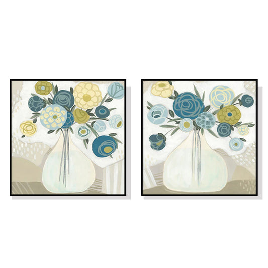 Vases Of Blue-tiful Flowers Set Of 2 Black Framed Canvas 90cmx90cm