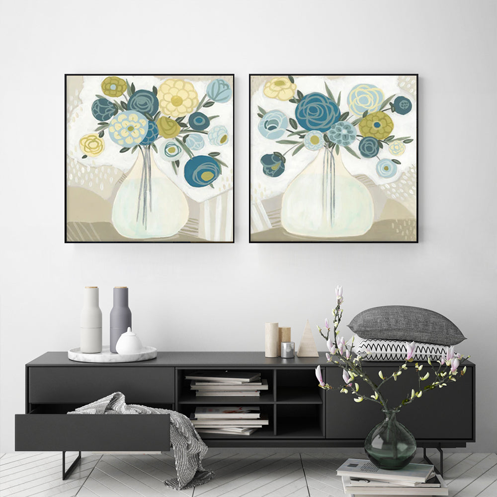 Vases Of Blue-tiful Flowers Set Of 2 Black Framed Canvas 90cmx90cm