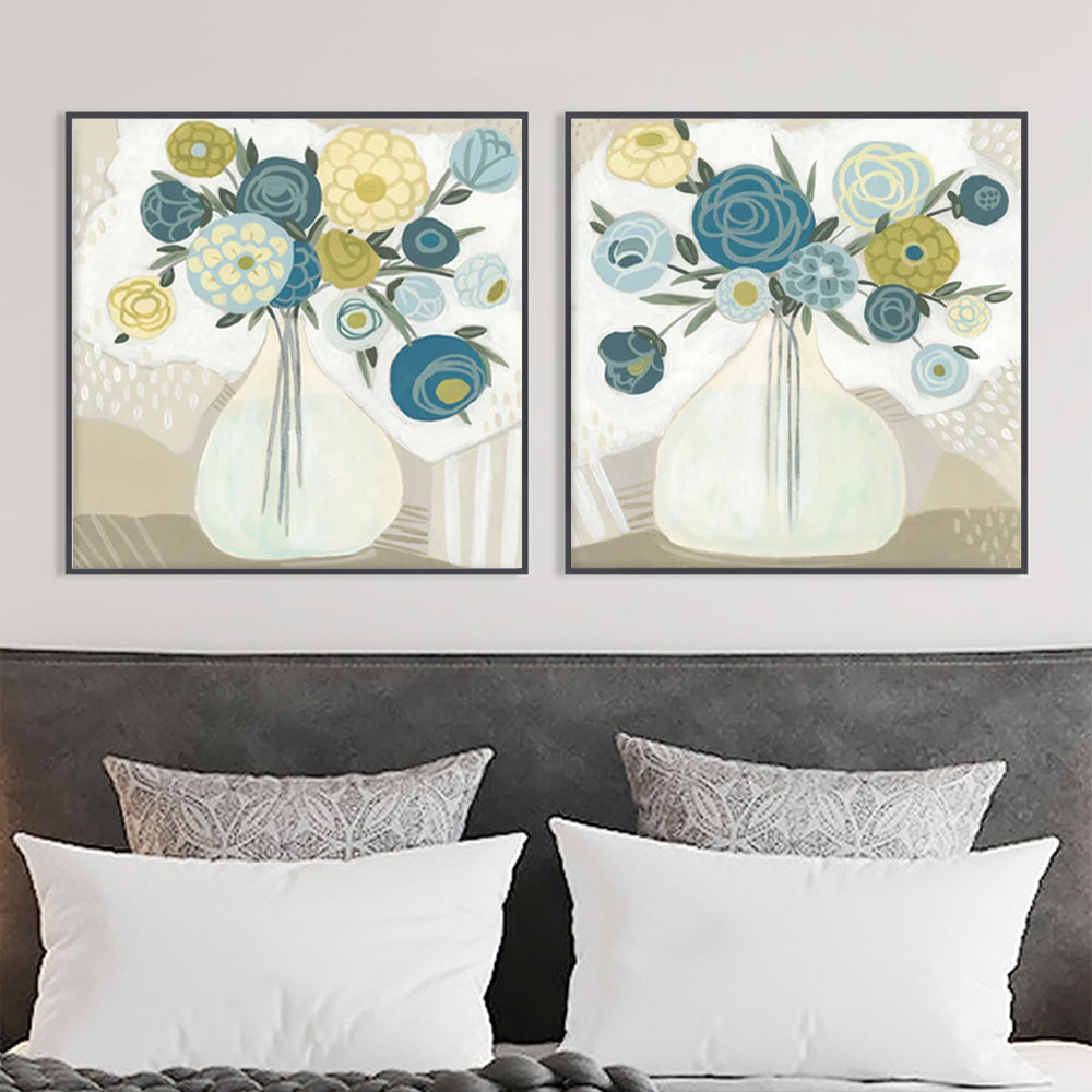 Vases Of Blue-tiful Flowers Set Of 2 Black Framed Canvas 90cmx90cm