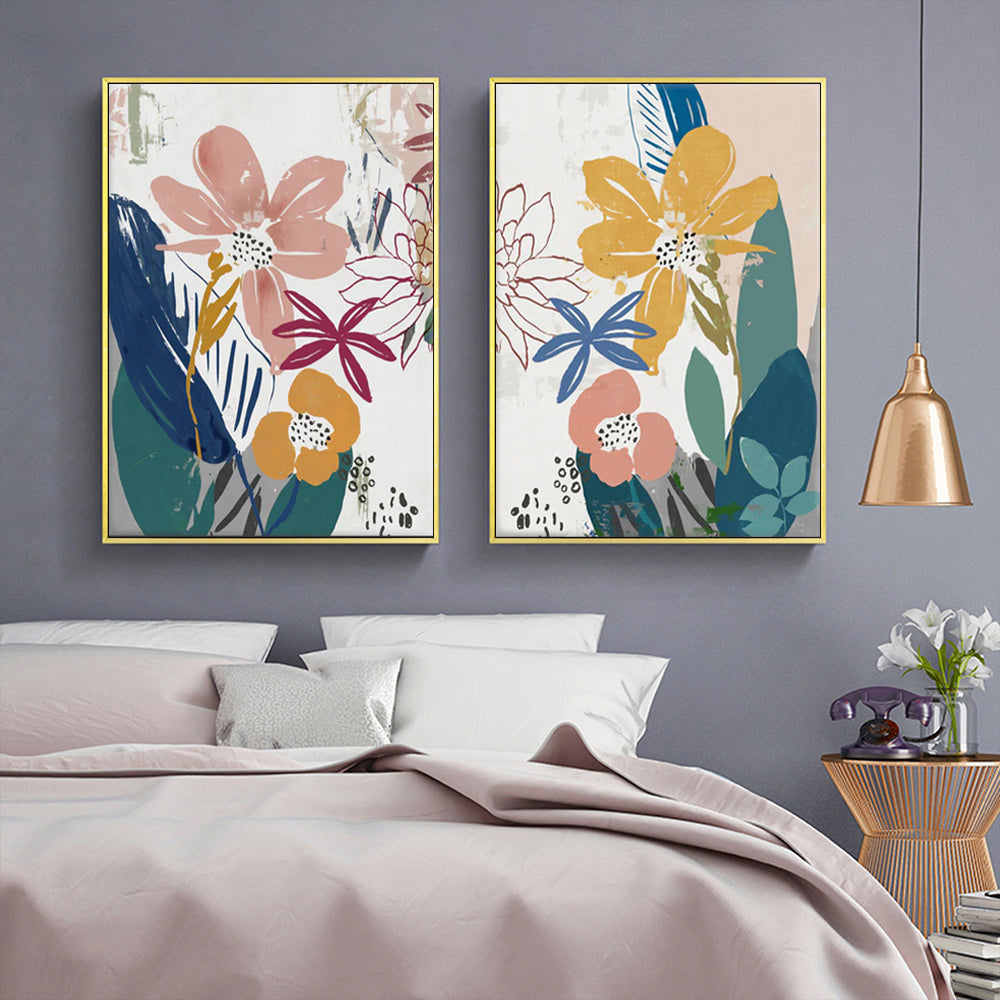 Happiness Blooms Set Of 2 Gold Framed Canvas 70cmx100cm