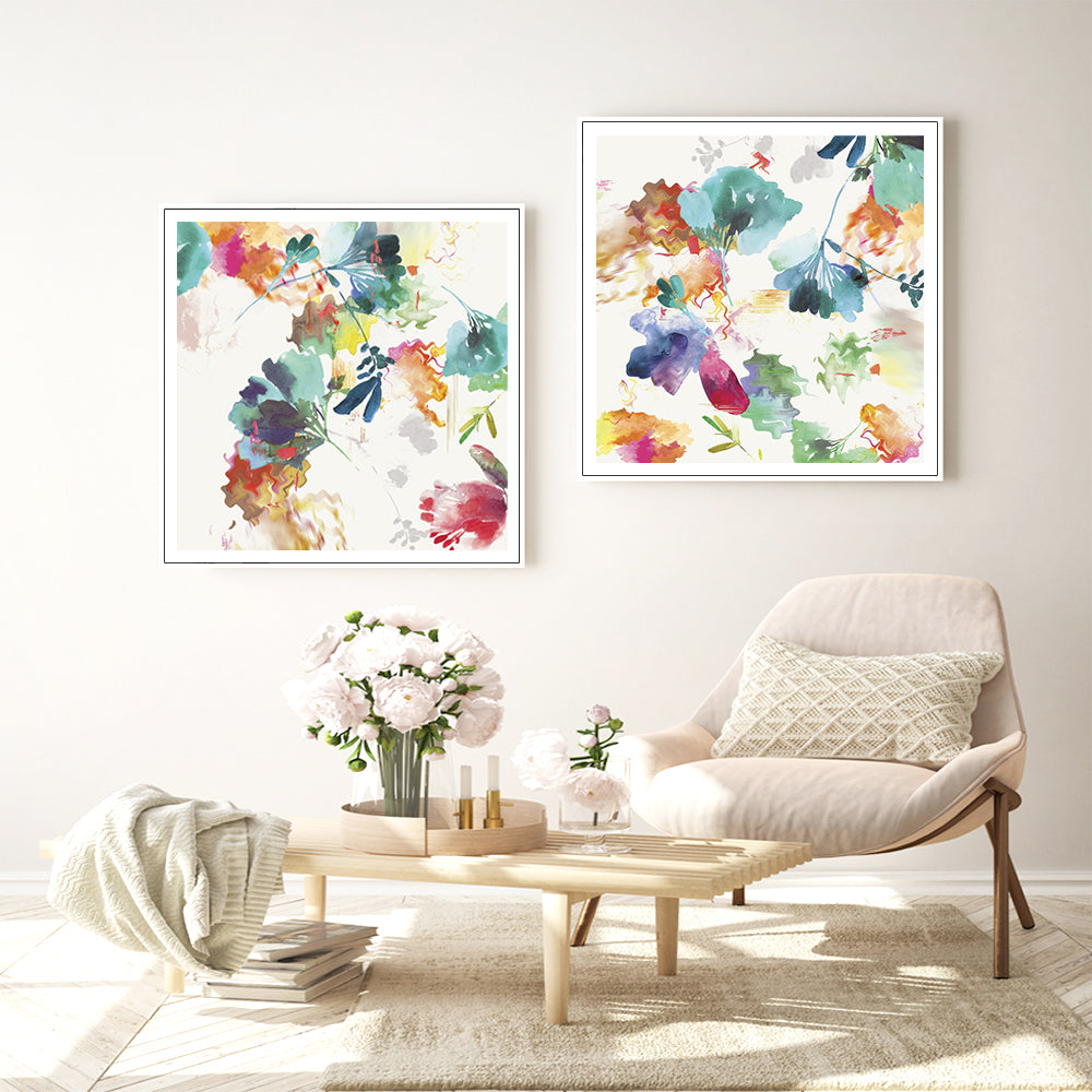 Water-flowers Set Of 2 White Framed Canvas 80cmx80cm