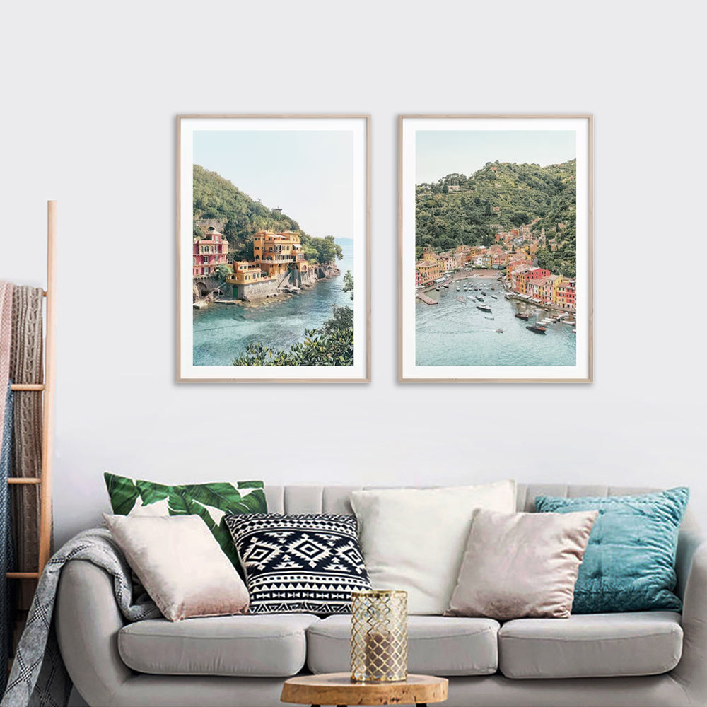 Coastal Italian Villages Set Of 2 Wood Framed Canvas 50cmx70cm